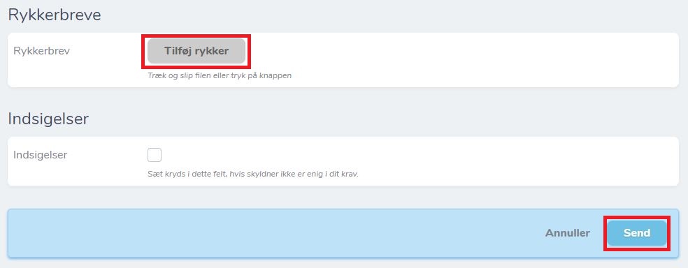Upload rykkerbreve indsigelser og tryk send